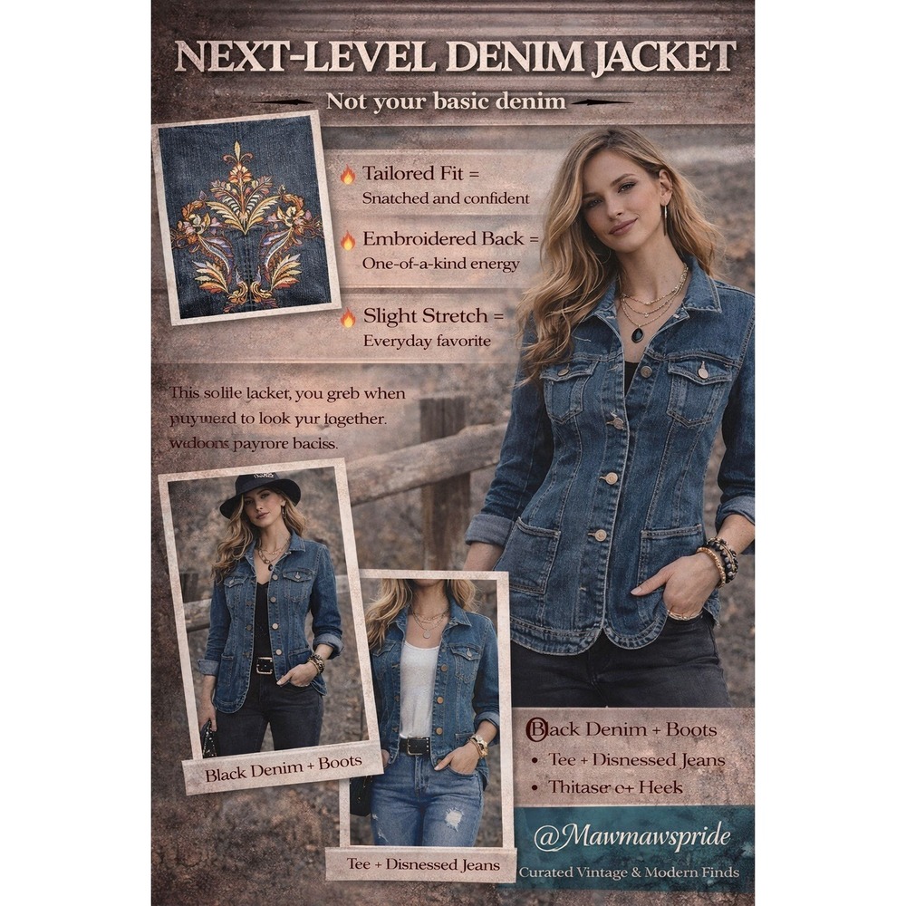 Gloria Vanderbilt Cowgirl Chic Boho Wash Embroidered Back Denim Jacket Size M